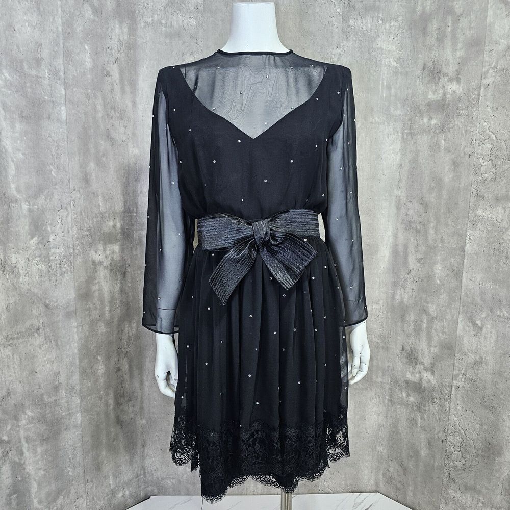 Vintage 80s Henri Bendel Liancarlo Illusion Neckline & Sleeves Black Dress Bow